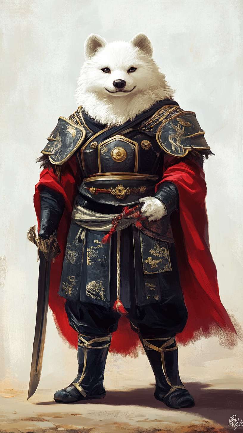 工作任务】设计Q版京剧风阿拉斯加萨摩耶混血武将形象(头身比1:1.5),融合传统戏曲元素与现代卡通美学,适配文创周边生产需求。【角色形象】生物特征:直立犬型(阿拉斯加×萨摩耶混血/边牧毛纹)。面部参数:头部占比40%|眼径8mm(丹凤眼造型)|腮红半径5mm。毛色构成:雪白基底+炭黑条纹(分布比7:3)|耳尖渐变琥珀金。【动作设计】基础姿态:双足分立(间距20cm)|右掌持械高度与眉齐平。武器交互:春秋大刀倾斜角度45°|刀穗飘动幅度15cm。表情控制:犬齿微露|眉间距压缩20%增强威严感
【战甲体系】京剧盔甲:靠旗规格:高48cm×宽18cm(金线回纹密度4条/cm²)。缎面披风:正红色(潘通色卡19-1664TPX)|长度至膝关节。铠甲构造:鱼鳞甲片直径1.2cm|云纹浮雕深度0.3mm。配饰系统:护心镜:直径6cm(镶嵌青金石)玉带钩:4×3cm(阴刻二十八宿图)【武器系统】应龙偃月刀:刃体参数:长72cm(1:1.2角色身高比)|蚀刻密度3纹/cm。刀镡构造:直径9cm(透雕双龙戏珠)。能量特效:刀刃光晕半径8cm(色值#FF4500)【坐骑系统】熔岩战兽:体型参数:头身比1:2|肩高54cm。装甲系统:鳞甲密度15片/dm²|关节散热口6处。动态特效:蹄部火星溅射半径12cm(每秒8帧动画)
【镜头设计】焦段配置:35mm广角(透视畸变率12%)布光方案:主光5600K/辅光3200K|光比1:2.5。景深控制:F4光圈(虚化背景建筑细节)【画面参数】分辨率:4096×3072px(600DPI印刷标准)。色域空间:Adobe RGB 1998。材质通道:3层PBR(基础色/金属度/透光率)。输出格式:PNG-24(透明通道预置)。【三视图体系】正视图: 展示面部表情联动系统(眉毛-耳朵-尾巴动态关联),侧视图: 呈现铠甲层叠结构(6层织物+3层金属复合系统),后视图: 突出靠旗动力学(风速8m/s状态飘动模拟)。 --ar 9:16 --v 6.1 --stylize 100 --fast