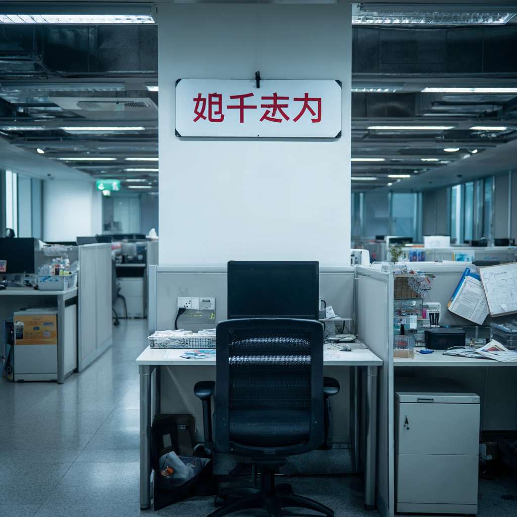 一个空荡荡的工位，电脑还没关，椅子上挂着一个“下班啦”的牌子，照片级真实感，4k --ar 1:1 --v 7 --stylize 100 --fast --no 水印