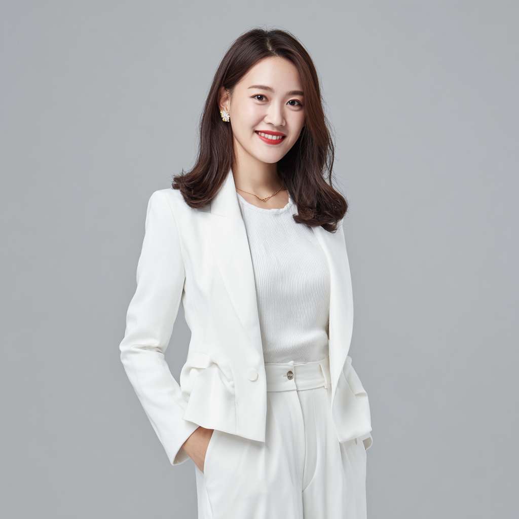 生成一张英语教师女性形象半身正面照，大众脸一些，25岁左右，不戴眼镜，身高160左右，体重120斤，白色西服裤子 --ar 1:1 --v 7 --stylize 100 --fast --no 水印