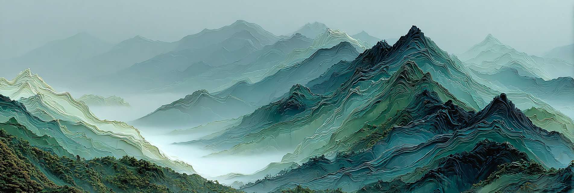 Contemporary Chinese aesthetic, fluid gradient background blending jade green and moon white, abstract energy flow lines inspired by calligraphy strokes, geometric interpretation of qigong movements, microscopic view of tea crystals forming mountain shapes, sophisticated muted colors with 10% transparency elements --ar 3:1 --v 7 --c 30 --stylize 750 --fast