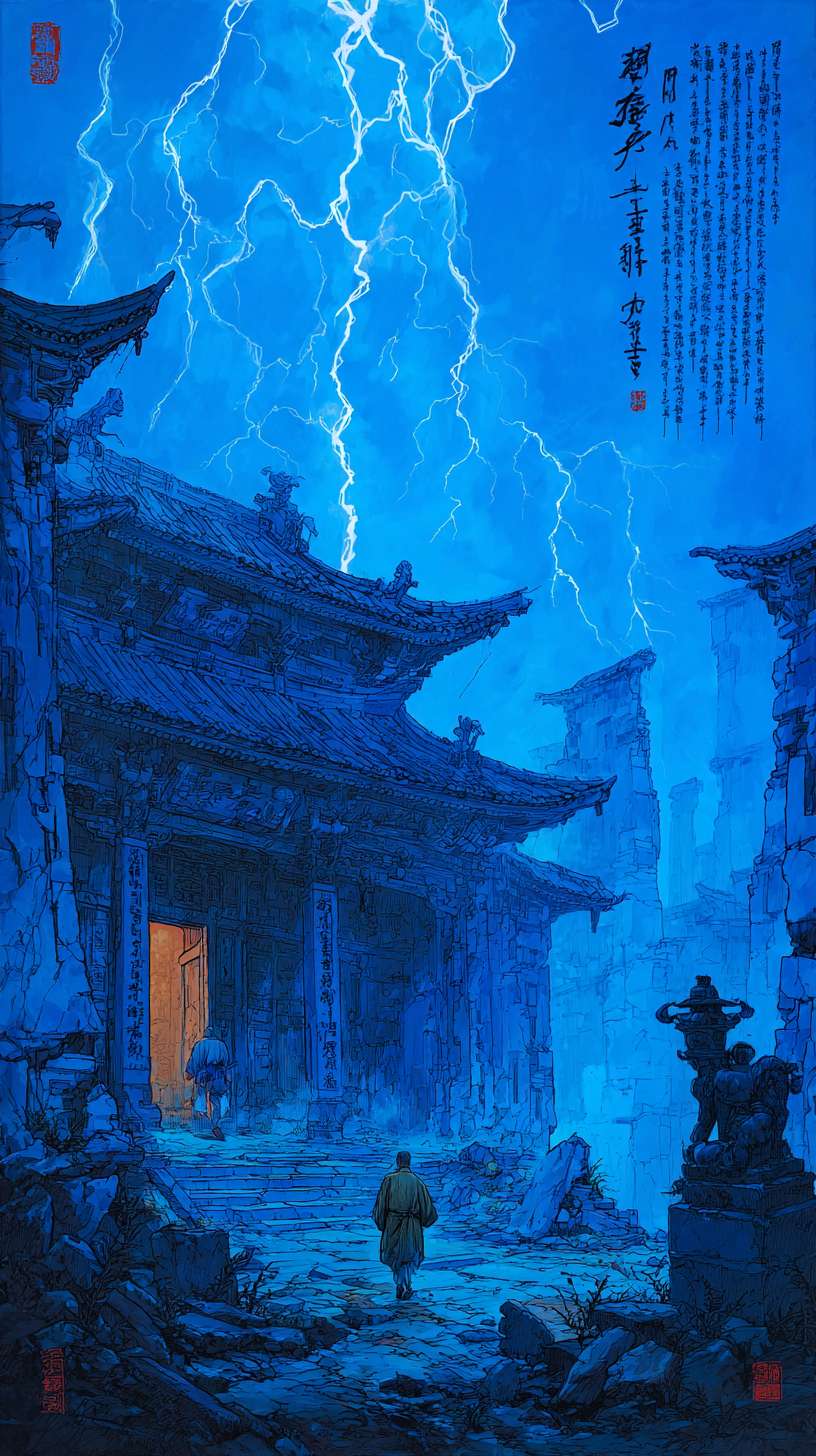 电影感，全景镜头，暴雨夜，破败的古代寺庙“兰若寺”，闪电划过夜空，气氛阴森恐怖，靛蓝色书生的背影正在奔跑，水墨画风格，高对比度，4K，超详细。 --ar 9:16 --v 7 --stylize 100 --fast --no 水印