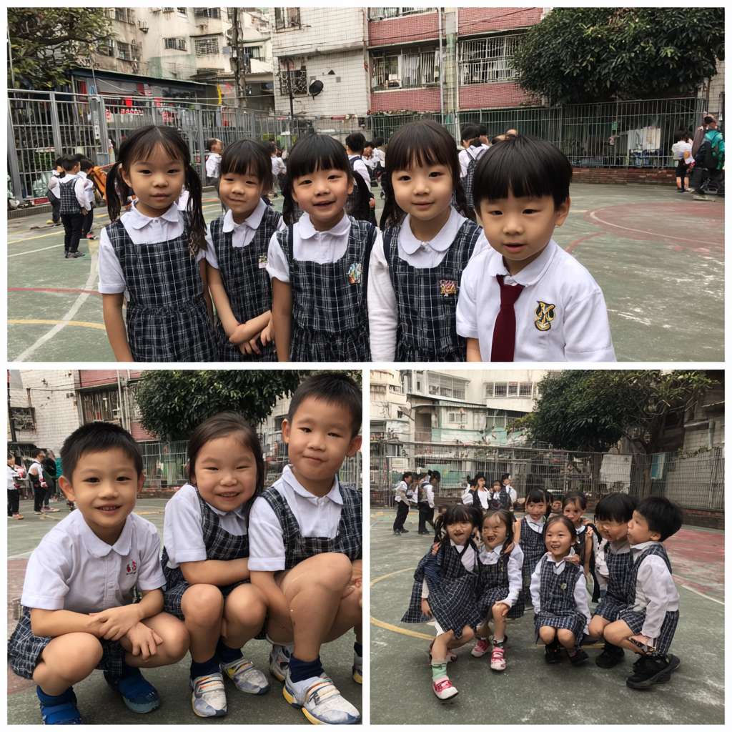 一班小六穿校服的學生們在校園裡圍成一個半圓形，以熊貓為主題，學生們一起將瀕危動物圖案玩集體遊戲 --ar 1:1 --v 7 --stylize 100 --fast --no 水印