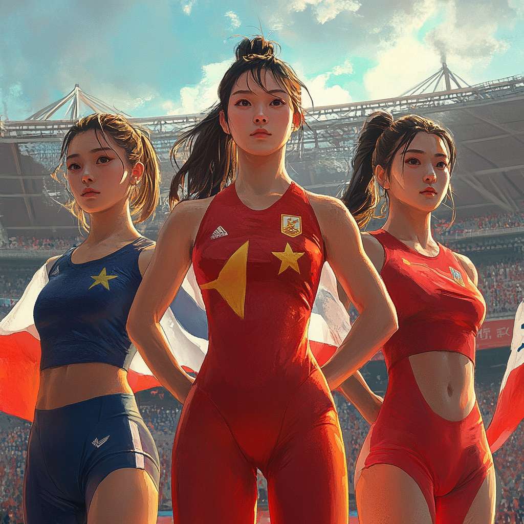 中国女运动员站在领奖台上，身披国旗，眼神坚毅（暖色调，突出力量感） --ar 1:1 --v 6.1 --stylize 100 --fast