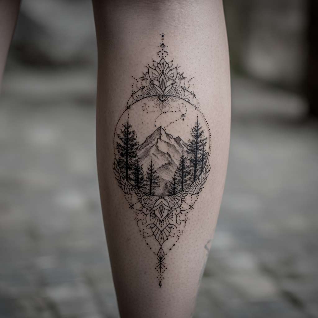 mountain mandala tattoo, calve tattoo, nature-inspired, sacred geometry, dotwork and fine lines, black and grey, symmetrical forest design, spiritual --ar 1:1 --v 7 --stylize 100 --fast