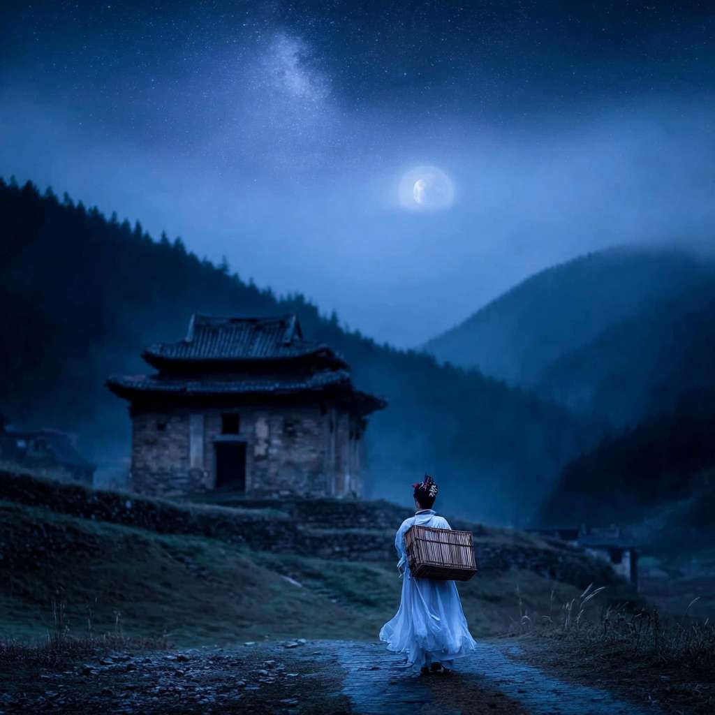 参考图中构图，在深夜的深山里面，月光照亮着地面，一个穿着白色衣服的书生，簪子盘着头发，背着书箱，外面下着雨比较阴暗，前面有点远的地方是一个破败的寺庙，背面，远景镜头，写实风格 --ar 1:1 --v 7 --stylize 100 --fast --sref https://img-xpc-mj0.xpccdn.com/prod/txt2img/a18f0080-5f89-4bcb-8bde-78c3b4ebdf67/65761f06-7ade-41a6-83ab-1de7eea720d7_0_0.png~tplv-5yakomv5zn-auto-v1%3A1024%3A0%3Aq75.jpg --sw 910 --no 水印