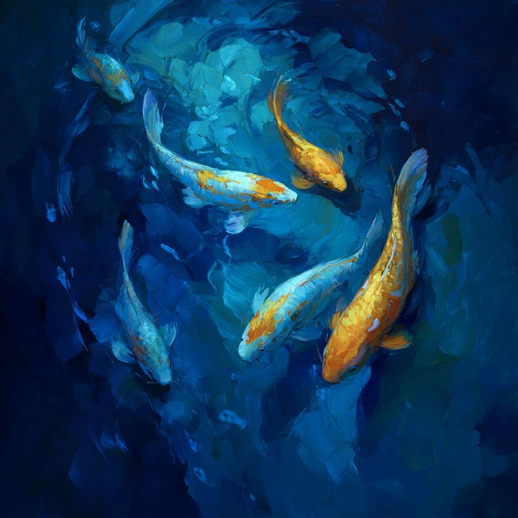 Surreal blue aquarium with shimmering koi and dynamic light, bold strokes for ripples, delicate strokes for scales, abstract. --ar 1:1 --v 7 --stylize 100 --fast