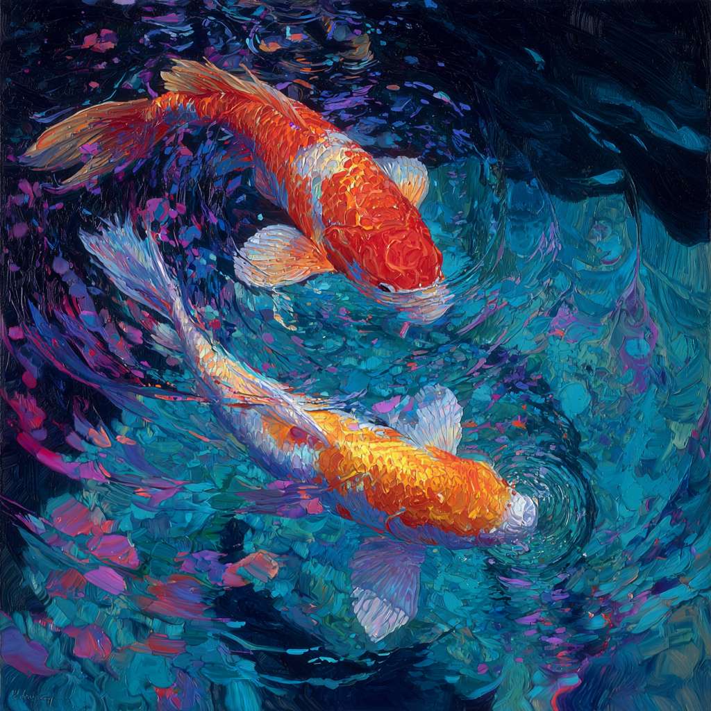 Surreal koi swimming in blue water, with splashes of pink, orange, and purple light; dynamic brushwork—loose for waves, detailed for scales—creating lively ambiance, oil. --ar 1:1 --v 7 --stylize 100 --fast