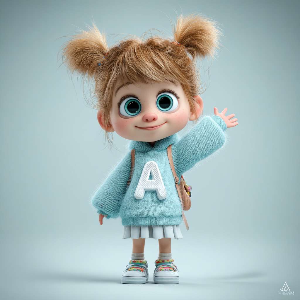 超精细3D渲染,Cinema 4D, Octane Render, 极致可爱灵动的小女孩IP形象,3-5岁, 圆润大头娃娃比例(2.8头身), 闪亮灵动大眼睛,眼睛居中椭圆, 蓬松柔软的棕色低双马尾, 苹果肌红晕, 温暖纯真微笑, 穿着淡蓝色连帽卫衣裙,蓬松裙摆,白色袖口领口滚边, 彩色小短靴, 背着迷你云朵造型双肩包, 发卡是闪亮的字母"A"形状, 小女孩走在回家的路上打招呼,整体马卡龙柔和色调, PBR材质: 细腻皮肤次表面散射,柔软棉布质感,光泽头发丝, 梦幻通透光影, 柔焦背景渐变, 极简抽象场景, 头上方留白再多一些,英语启蒙教育主题, 超高清细节, 8K分辨率 --ar 1:1 --v 7 --stylize 100 --fast --no 水印