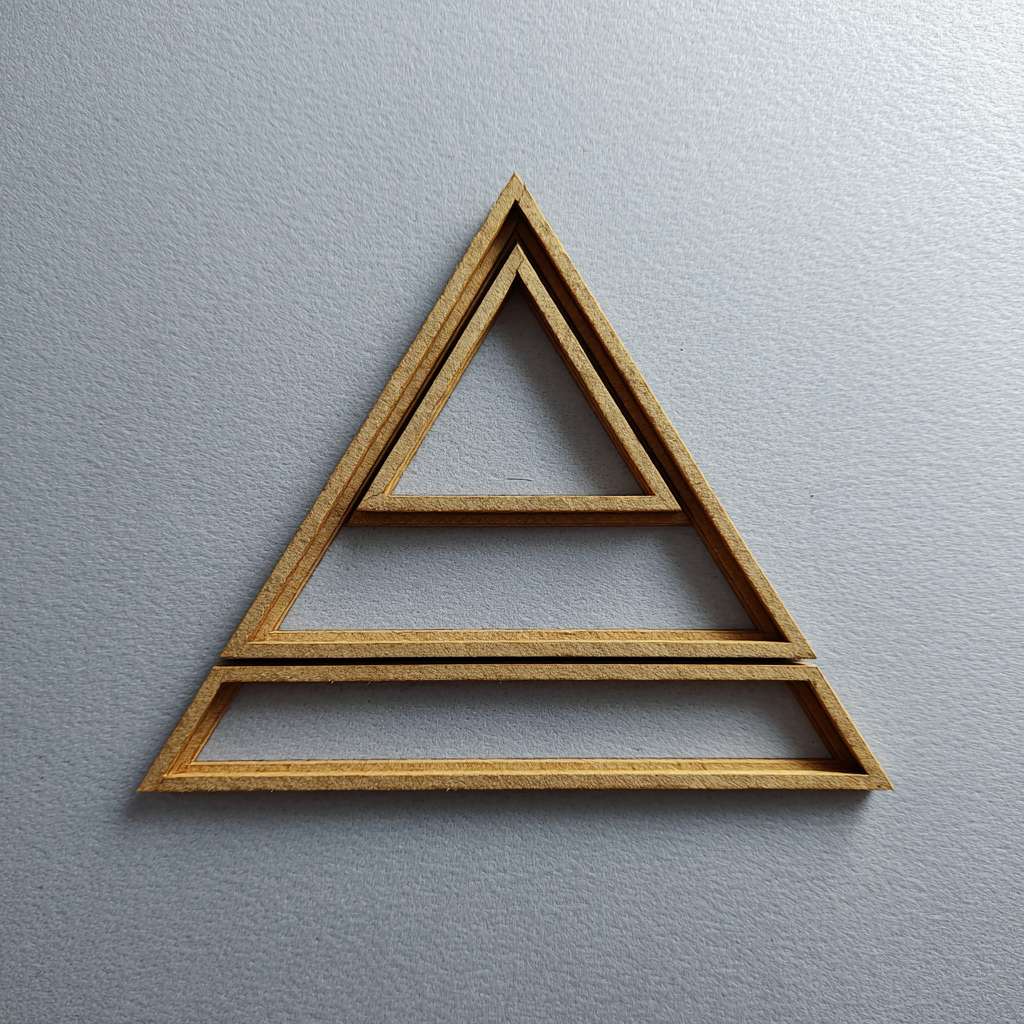 只需要简单的线段，不需要真实的物体，两个独立等腰三角形两个角挨着，在下面，一个等腰三角形左边的角挨着下面左边的三角形的顶点，右边的角挨着下面右边的三角形的顶点在上面，组成一个新的等腰三角形 --ar 1:1 --v 7 --stylize 100 --fast --no 水印