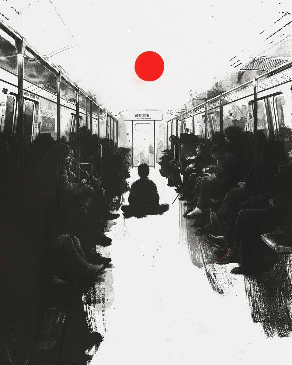 Chinese ink style, crowded subway with empty space where a person meditates, black and white with single red dot, no text, no faces, Zen atmosphere --ar 4:5 --v 6 --stylize 100 --fast