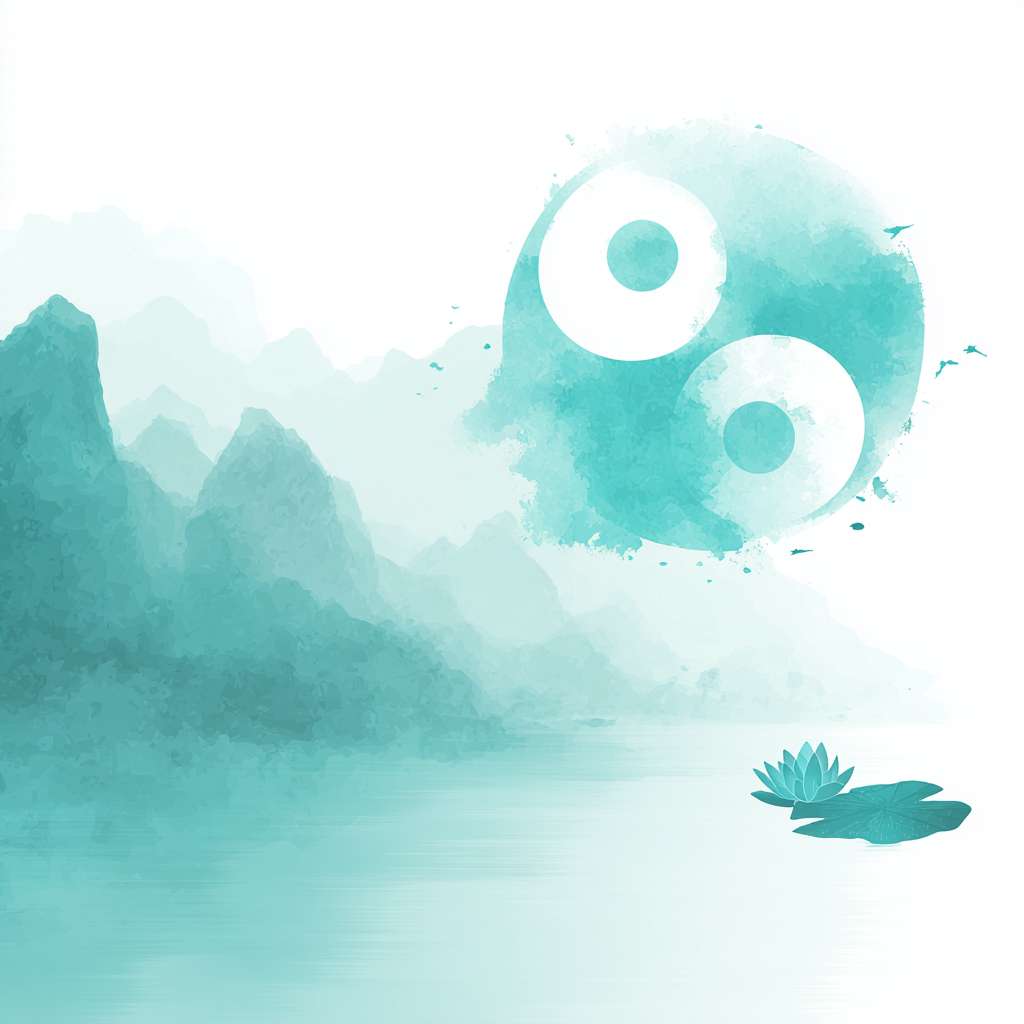 Ethereal Chinese ink background with translucent cyan Tai Chi symbol faintly glowing at center-left, misty mountain gradients in the distance, 90% negative space in rice paper white, one floating lotus petal in matching青色 (#478584) near the right edge, ultra minimalist Zen style, no text --ar 1:1 --v 7 --stylize 100 --fast --no 水印