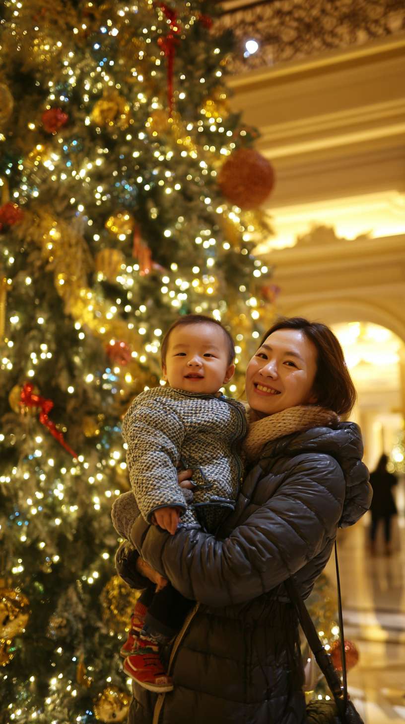 2圣诞树顶挂星星，妈妈托举孩子，树身缠绕彩灯，地面有未挂的袜子装饰，镜头从下往上推，温馨写实风妈妈孩子都是外国人 --ar 9:16 --v 7 --stylize 100 --fast --no 水印