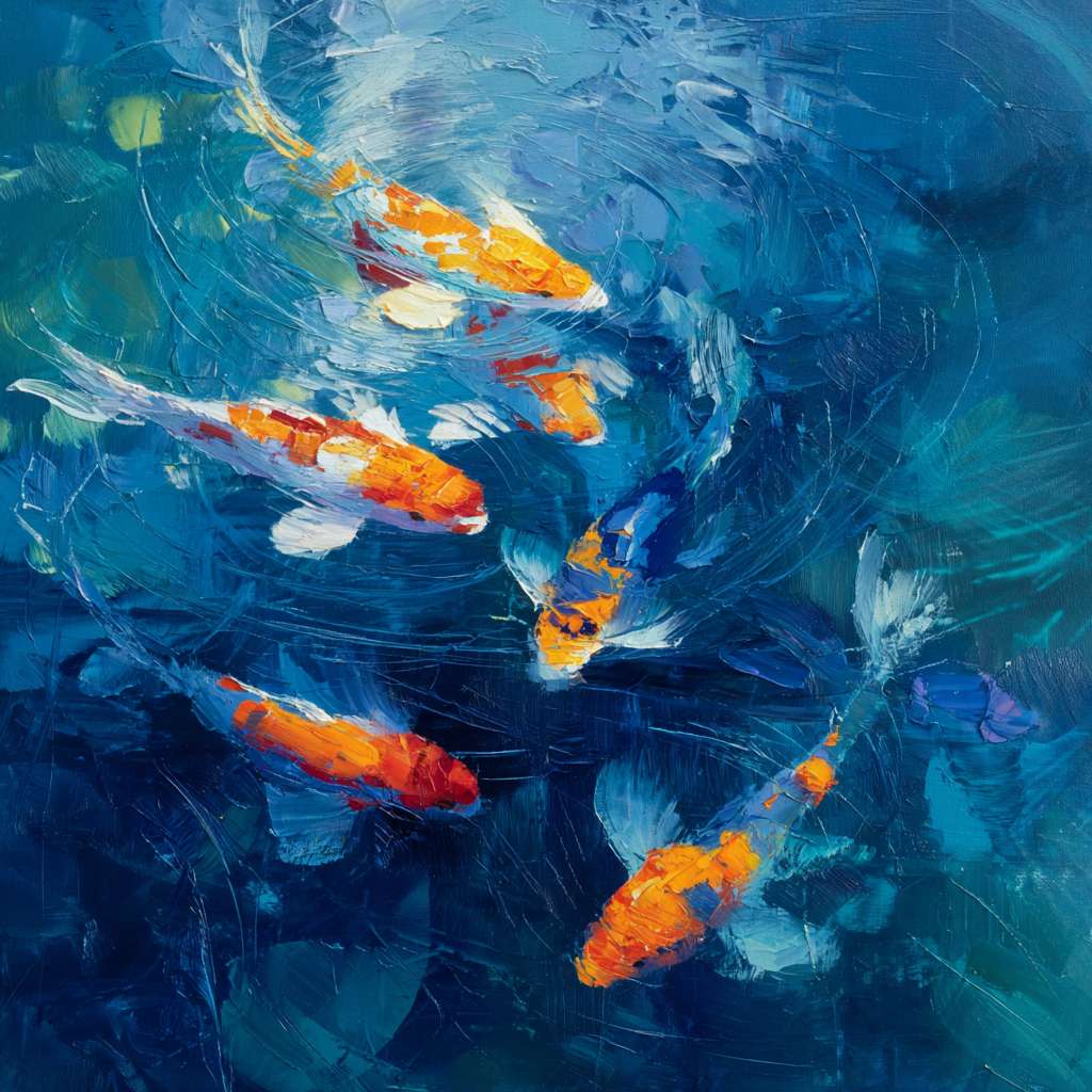 Dreamy blue depths with iridescent patterns and vivid koi, expressive strokes for motion and light, abstract. --ar 1:1 --v 7 --stylize 100 --fast