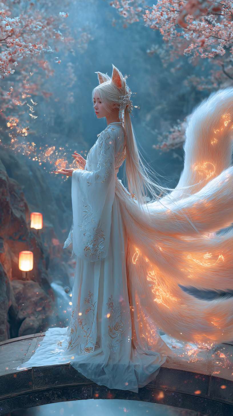 Realistic cinematic scene of a nine - tailed fox beauty in gradient moon - white Hanfu standing on a misty ancient stone bridge. Her hair is adorned with silver fox - ear ornaments, nine tails cascading like liquid galaxies into the water, each scale shimmering with nacreous hues. Slit - pupil phoenix eyes glow with otherworldly intensity, foxfire dancing around her fingers to animate cloud motifs embroidered on her skirt. Blurred background mountains frame glowing nocturnal cherry blossoms, lantern reflections rippling in the stream. Diagonal composition guides the eye from her profile to trailing tails, creating dynamic flow. Shot with Canon EOS R5 in 8K UHD, soft morning mist diffuses light into cool tones, blending水墨 textures with naturalistic shadows for an ethereal effect. --ar 9:16 --v 7 --stylize 100 --fast --no 水印