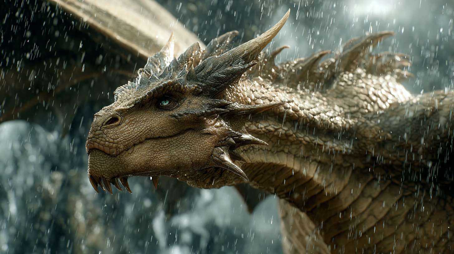 超写实 4K ，完整的一只细节丰富的白龙在暴雨中穿行，每一片鳞片都反射着周围的光线与雨水。水珠附着在龙角与翅膀上，龙翼有力扇动，驱散雨滴与云雾。特写镜头展现龙的皮肤纹理与肌肉运动，中景镜头呈现龙在云层间穿梭的完整身姿。真实的雨水物理效果，空中可见雨滴飞溅与涟漪，光线完全遵循闪电与阴天的自然规律。 --ar 16:9 --v 7 --stylize 100 --fast --no 水印