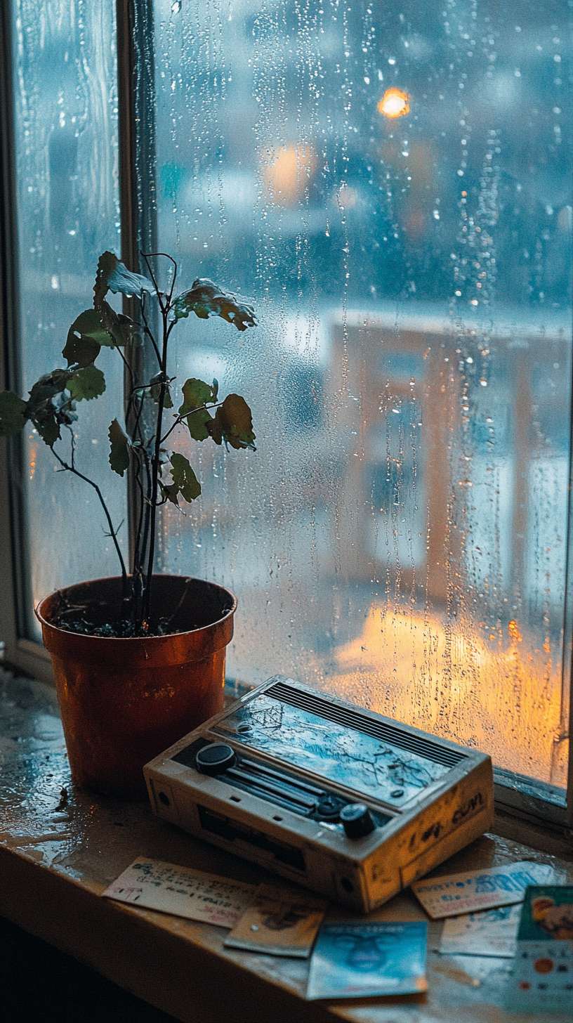 "阁楼窗台特写，老式卡带机被雨水浸透，磁带条如黑色血管缠绕枯萎盆栽，窗格将黄昏分割成菱形光斑投射在褪色拍立得上，玻璃表面凝结雾气画着笑脸，下方散落着半融化的雪糕棍与褪色车票，逆光拍摄使塑料外壳产生彩虹色光晕" --ar 9:16 --v 6.1 --stylize 100 --fast