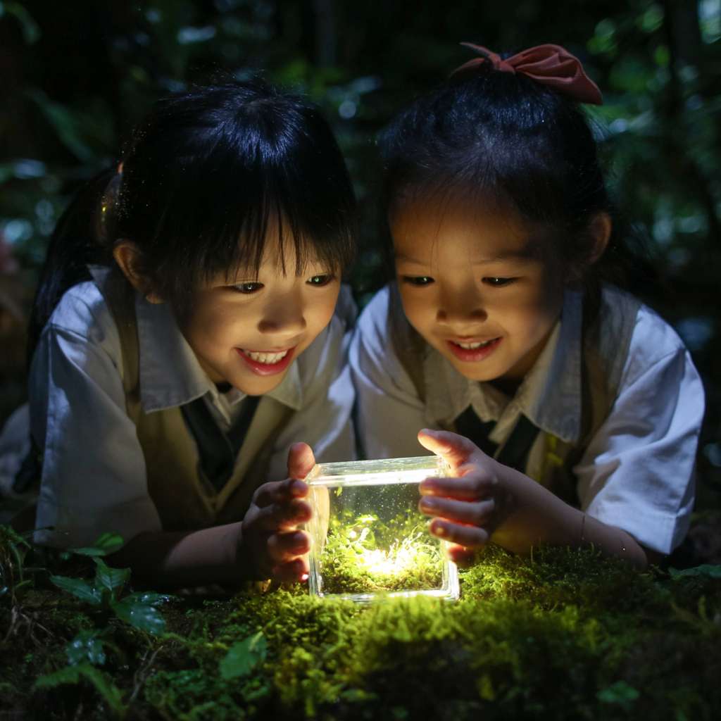 有2位穿著校服的華人小學生開心的表情雙手托起一個螢火蟲的正方體透明小盒子，盒子內的螢火蟲在青苔上發光 --ar 1:1 --v 7 --stylize 100 --fast --no 水印