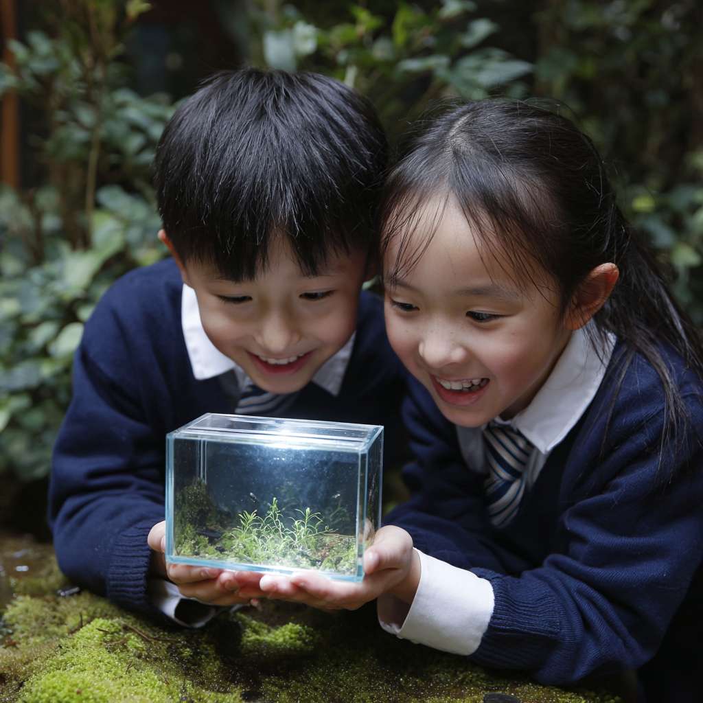 有2位穿著校服的華人小學生開心的表情雙手托起一個螢火蟲的正方體透明小盒子，盒子內的螢火蟲在青苔上發光 --ar 1:1 --v 7 --stylize 100 --fast --no 水印