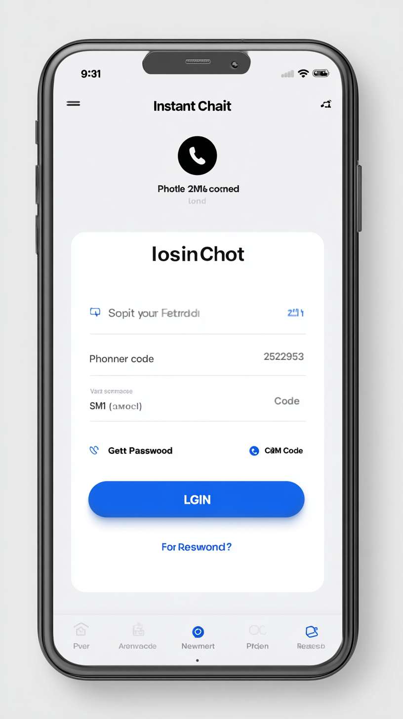 A minimalist login interface for a mobile app. The screen features a light gray background (#F5F5F5). A centered white card with rounded corners contains the login form. This includes a phone number field (with a left-aligned phone icon and gray placeholder text) and a verification code field (with a left-aligned SMS icon and a right-aligned "Get Code" button in blue #2196F3). The "Get Code" button features a dynamic loading indicator. A prominent blue (#2196F3) "Login" button with bold white text is placed below the inputs. A "Forgot Password?" link is situated above the login button. At the bottom, the text "No account?" in gray is followed by a blue "Register Now" link (no underline). The top of the screen displays a circular app icon above the bold black "Instant Chat" title. The interface is clean and uncluttered, with full keyboard navigation support. --ar 9:16 --v 7 --stylize 100 --fast