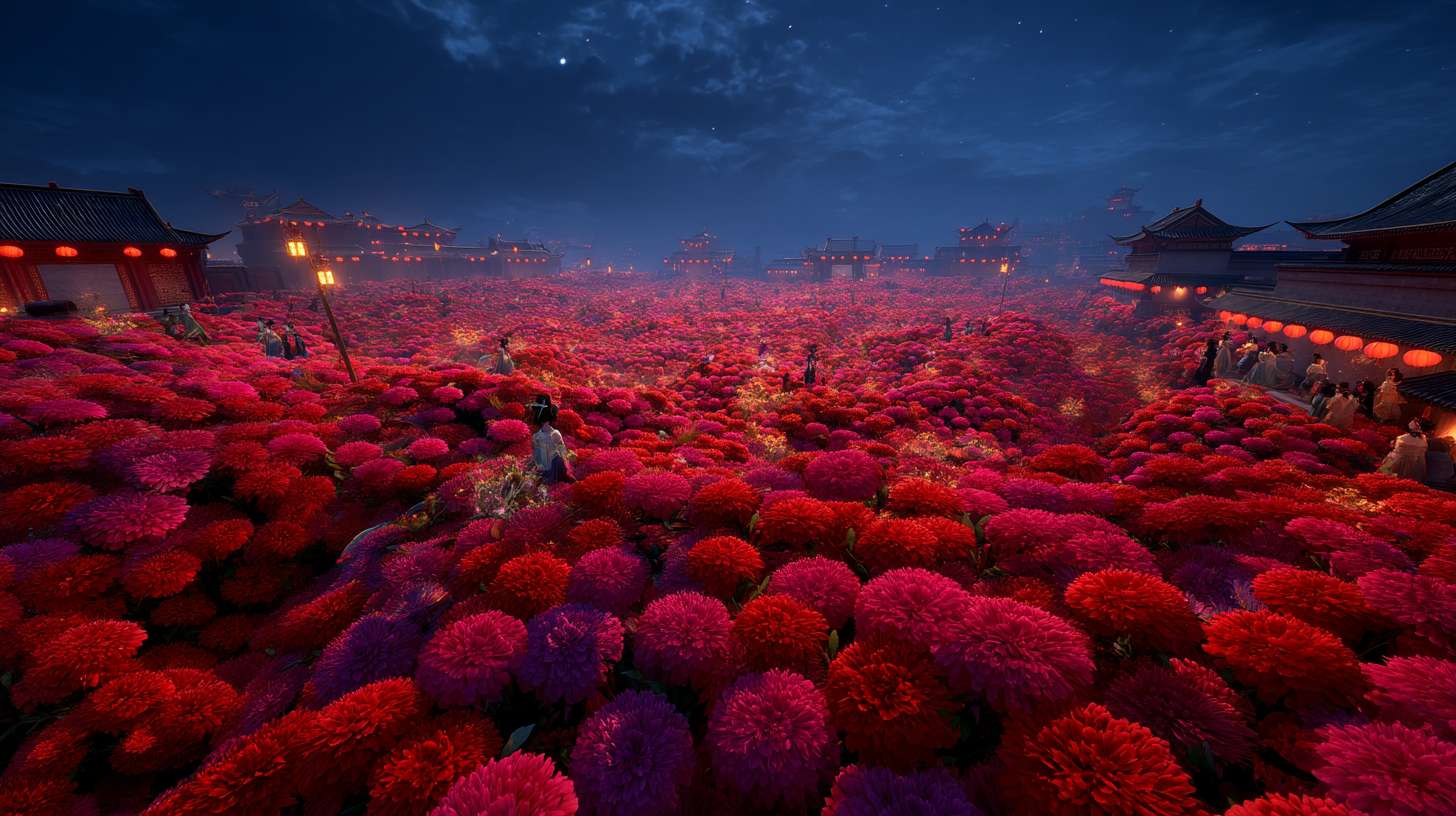 Unreal Engine 5 rendering, in this awe-inspiring scene of the ancient Luoyang Flower Festival, the composition centers on a vast sea of blooming peonies, surrounded by ancient-style pavilions, buildings, and winding corridors adorned with countless red lanterns, while the night sky is continuously lit up by colorful fireworks, the foreground features a celebrating crowd dressed in elegant Hanfu singing and dancing, the middle ground includes traditional Chinese architecture such as eaves-cornered pavilions, and the background blends deep blue starry skies with brilliant fireworks, in terms of color, vibrant reds, golds, and greens dominate, symbolizing luck and wealth, with the pink and white of the flowers sharply contrasting with the warm yellow of the lanterns, and the multicolored lights of the fireworks adding dynamic color variations, the lighting effects are exquisitely detailed, the soft glow from the lanterns casts warm shadows on people's faces and the ground, while the explosive flashes of fireworks create dazzling halos, contrasting with the cool moonlight to enhance the image's depth and dynamism, the entire scene is bustling and lively, with lanterns swaying gloriously, fireworks sparkling brilliantly, and the crowd cheering incessantly, as if transporting the viewer into a dreamlike ancient prosperous era filled with the charm of Chinese elements. --ar 16:9 --v 7 --c 20 --quality 4 --stylize 100 --fast