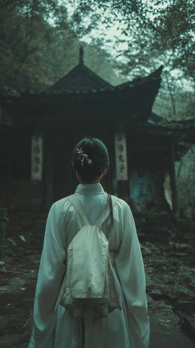 在深山里面，月光照亮着地面，一个身着白色书生服，背着书箱，簪子盘着头发，外面下着雨比较阴暗，前面有点远的地方是一座破败的寺庙，书生背面，背向镜头，远景镜头，写实一些的风格 --ar 9:16 --v 7 --stylize 100 --fast --no 水印
