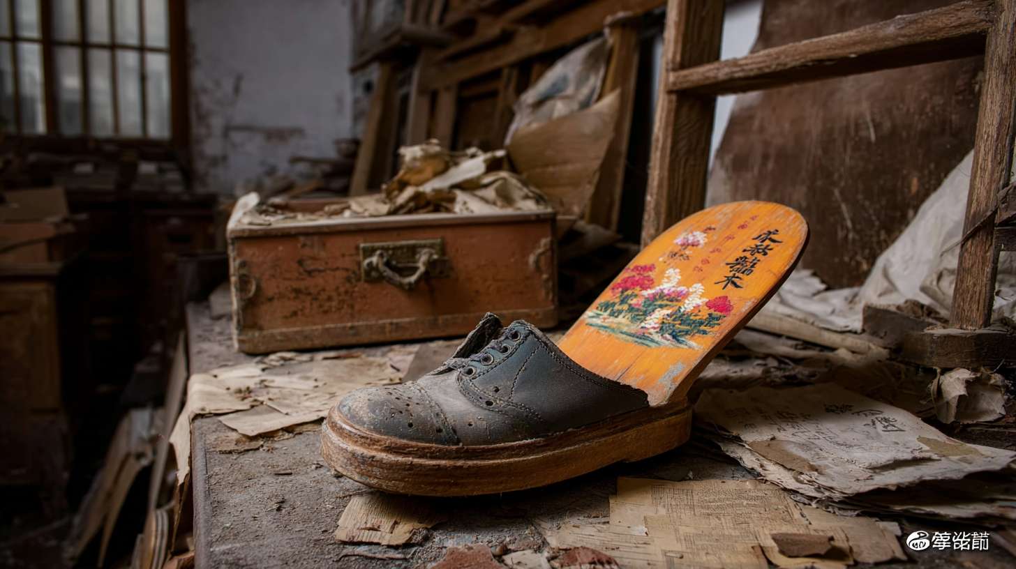 https://img-xpc-mj0.xpccdn.com/prod/upload/98677ad4-1d7d-4b12-b527-0e8a8f4f1793/%E6%8F%8F%E8%BF%B0%E6%9C%A8%E5%B1%90%E9%9E%8B%E5%9C%BA%E6%99%AF.png~tplv-5yakomv5zn-auto-v1%3A1024%3A0%3Aq75.jpg 将木屐鞋缩小，一只木屐鞋在老宅阁楼，堆满旧衣柜，藤箱和散落的报纸， --ar 16:9 --v 7 --stylize 100 --fast --iw 1 --no 水印