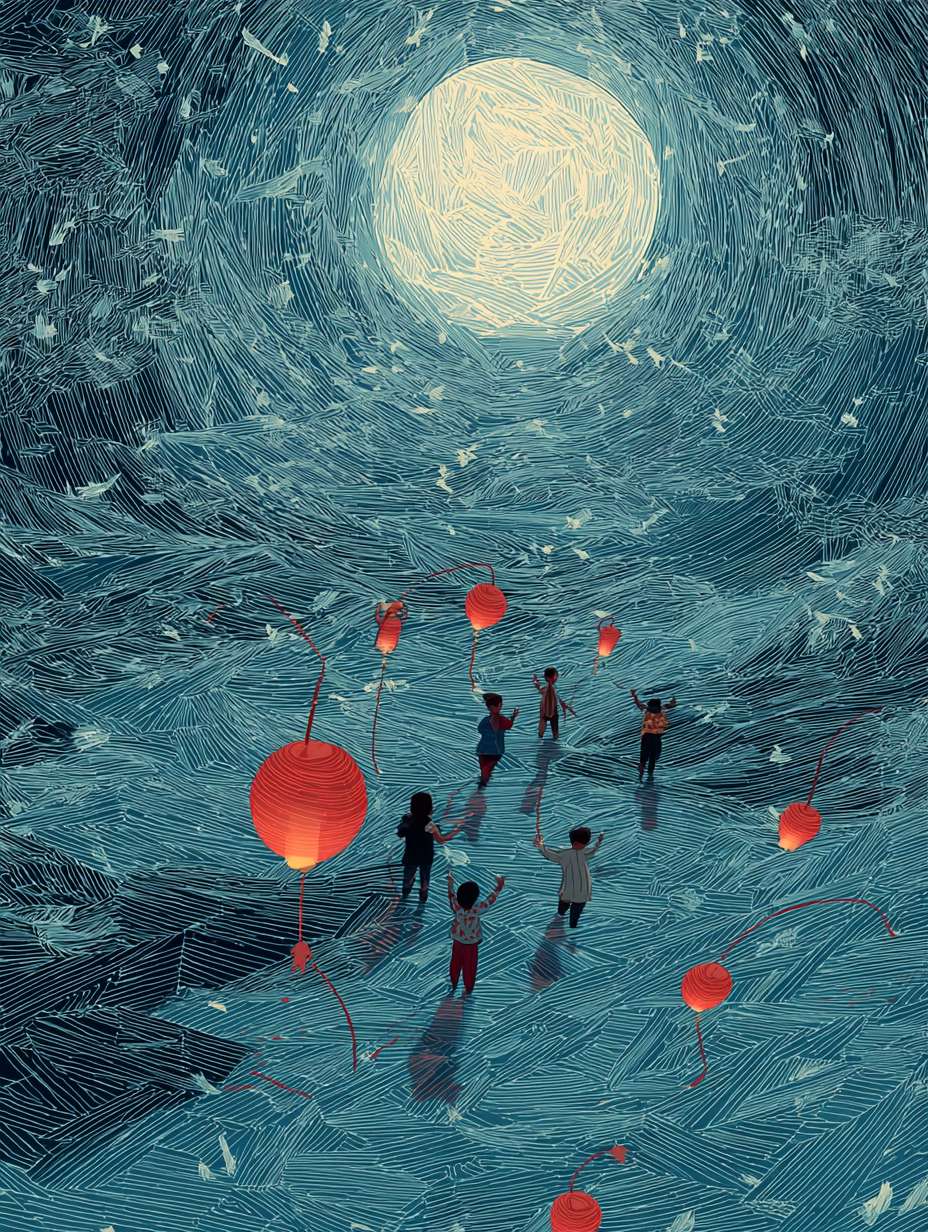 The background of the picture is a huge moon, and several children are playing with lanterns. The atmosphere is festive, and the moon is drawn with complex linear colored lines. The illustration is drawn with flat style colored lines, with red as the main color. It is an imaginative illustration, with a bird's-eye view, 64K, --ar 3:4 --v 7 --stylize 100 --fast