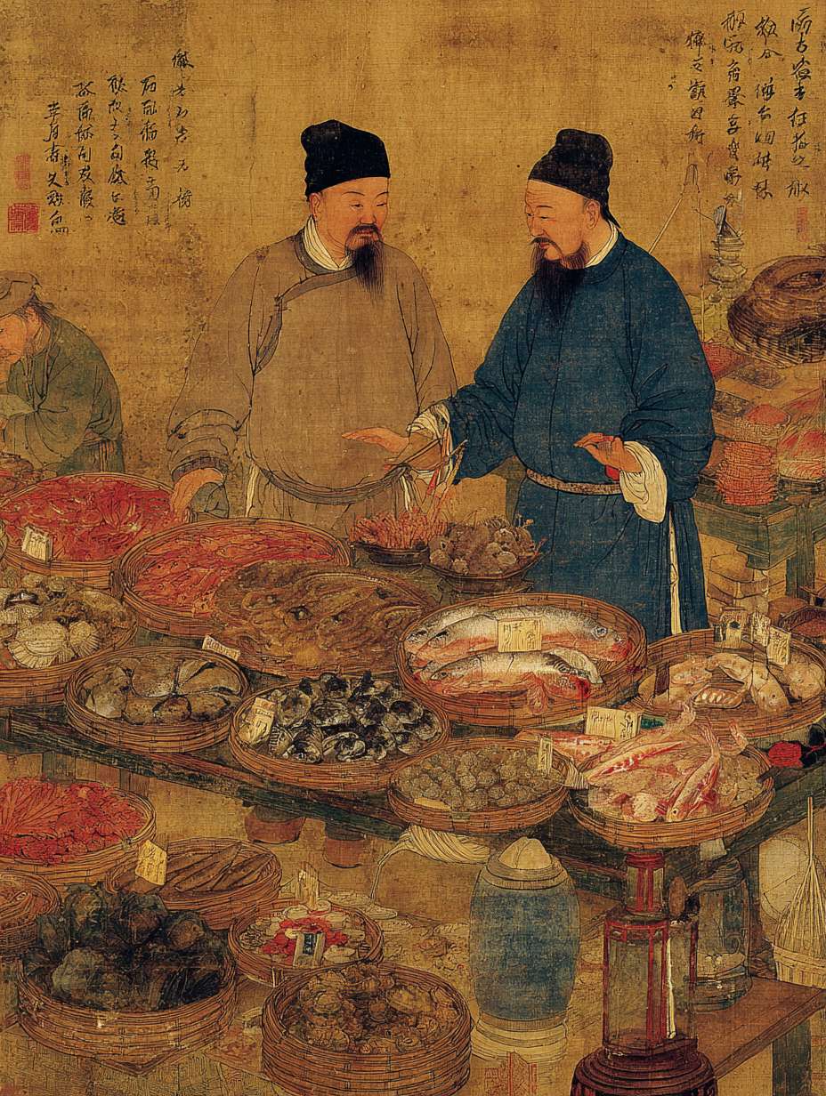 宋代高级食材市场场景，珍贵食材如鲍鱼、海参、燕窝等，厨师与供应商讨价还价，精致的宋代秤具和货币，市场繁华背景，暖金色调 --ar 3:4 --v 7 --stylize 100 --fast --no 水印