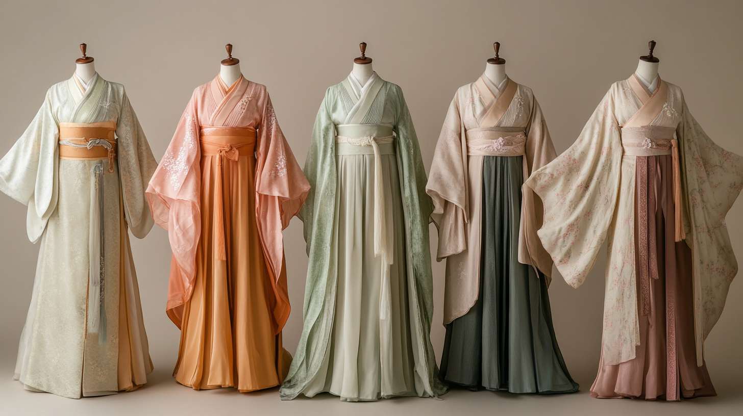 汉服，汉服图片，一张图片上有五套服装，一字排开，色彩淡雅，正对镜头 --ar 16:9 --v 6.1 --stylize 100 --fast