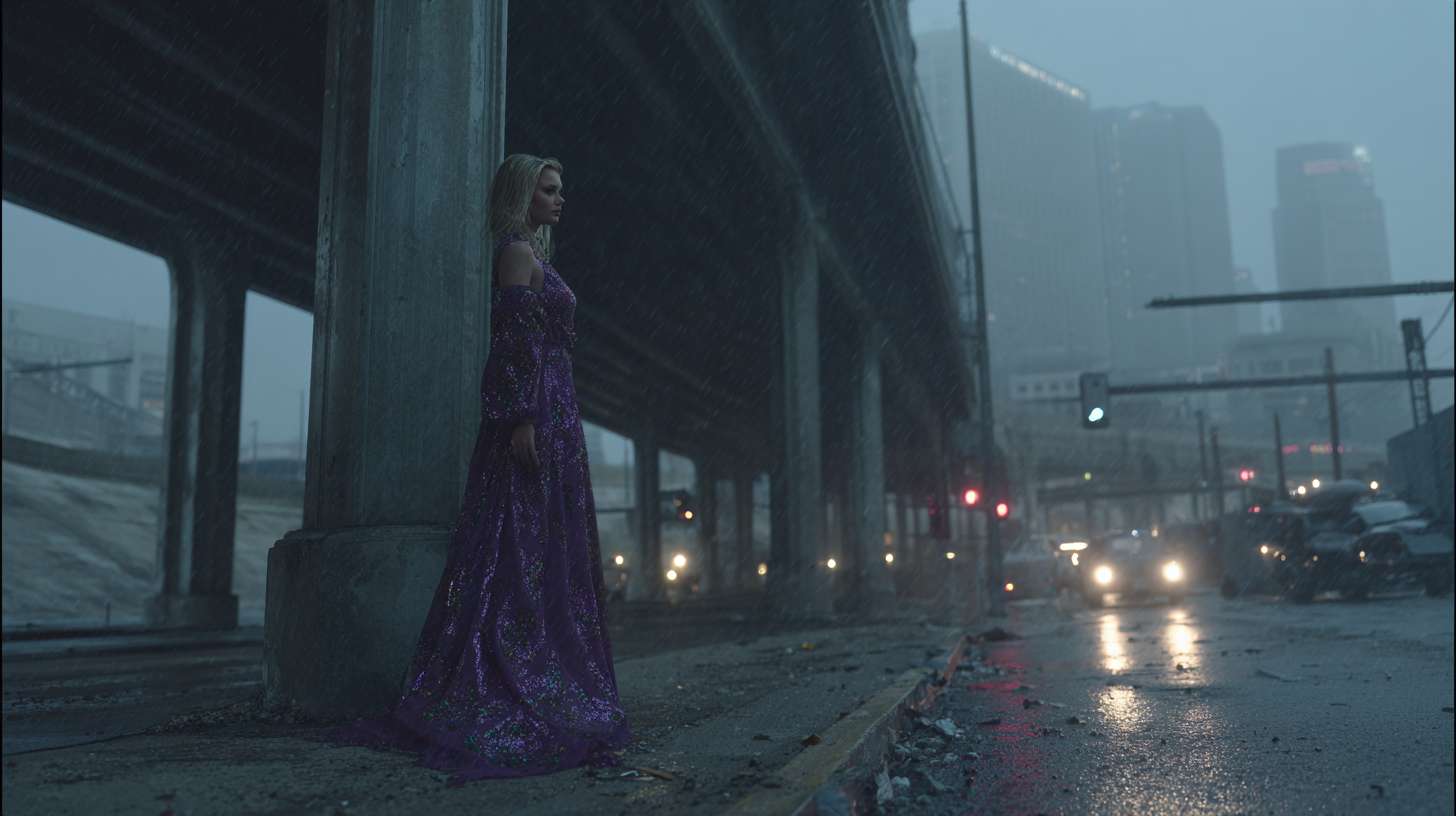 现代3D动画风格，在洛杉矶街道上的灯柱上，当时那里正下着毛毛雨。霓虹灯照在潮湿的柏油路上，一个金发女人穿着华丽的紫色长裙站在前方不远处正对着镜头 --ar 16:9 --v 7 --stylize 100 --fast --no 水印