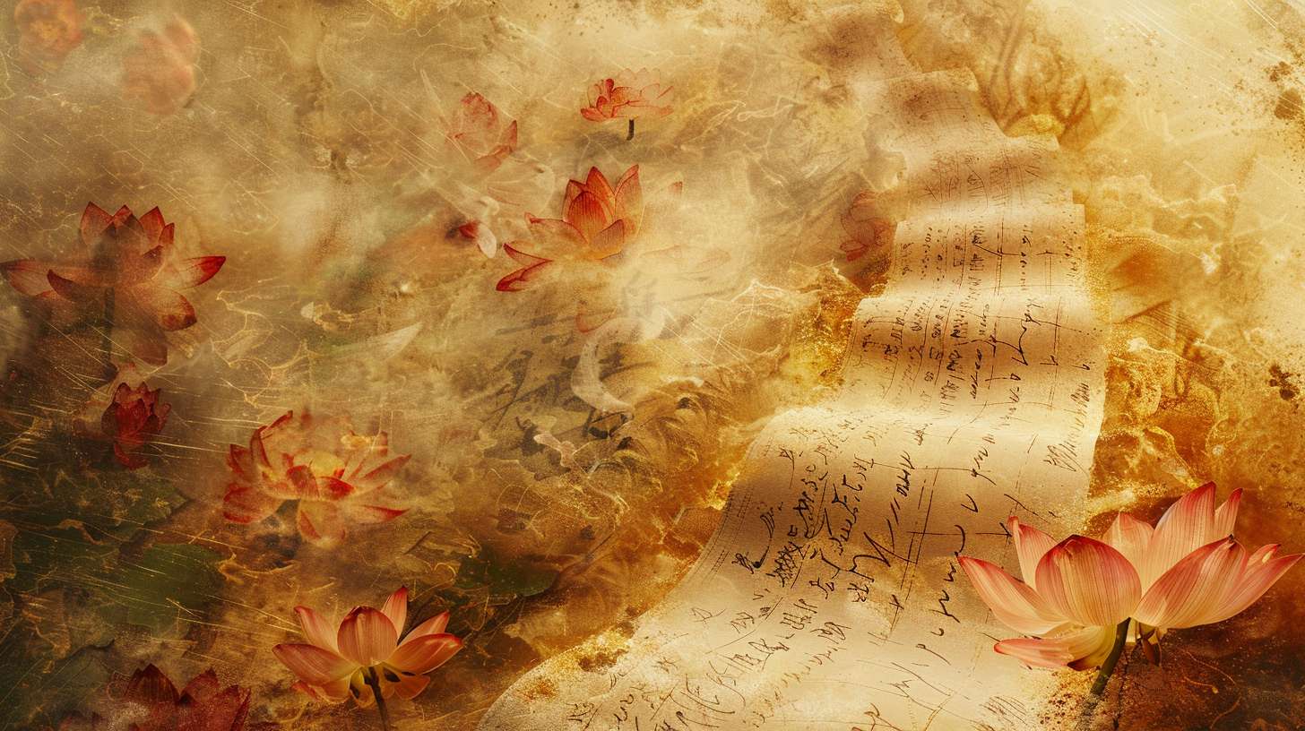 A path unfolding like a scroll in mid-air, each step blooming with lotus flowers, semi-transparent parchment texture showing calligraphy strokes, warm amber lighting, fusion of Eastern philosophy and modern minimalism --ar 16:9 --v 6 --stylize 100 --fast