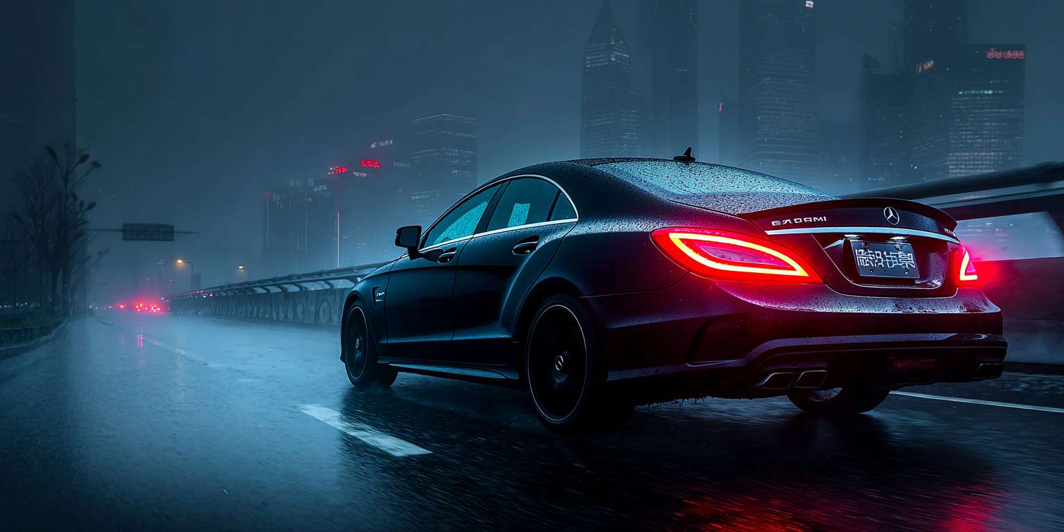 暗黑雨夜，2015款梅赛德斯-AMG CLS 63 S 4MATIC，曜石黑车身近乎隐于黑暗，唯有车尾两盏猩红色LED尾灯如恶魔之眼撕裂夜幕。倾盆大雨中，8K超清镜头捕捉：车顶、引擎盖、腰线布满晶莹雨珠，尾灯光束在湿滑柏油路面拉出血色倒影，四出排气弥漫低温白雾。背景为冷峻都市摩天楼剪影，霓虹光晕在雨帘中晕染。摄影风格：索尼A7S III拍摄，f/1.2大光圈浅景深，电影感暗调光影，赛博朋克红黑视觉冲击。 --ar 2:1 --v 7 --stylize 100 --fast --no 水印