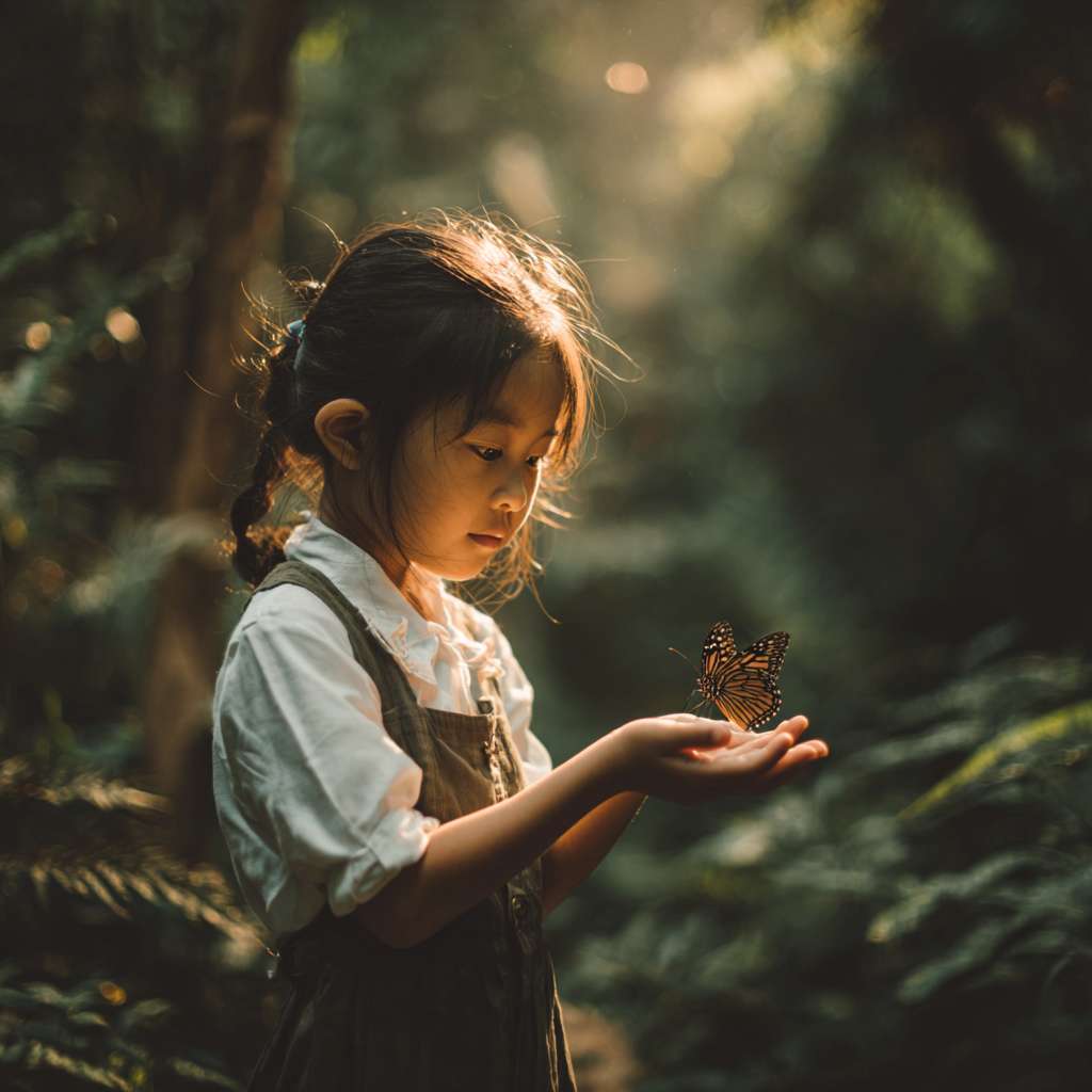 一位大約十至十一歲的小學女生站在綠意盎然的樹林裡，陽光從樹葉間灑下。她伸出手掌，一隻蝴蝶輕輕停留在她的手上。女孩專注而溫柔地觀察著蝴蝶，表情充滿好奇與純真。真實攝影風格、自然光、淺景深、背景柔和的森林光影。 --ar 1:1 --v 7 --stylize 100 --fast --no 水印