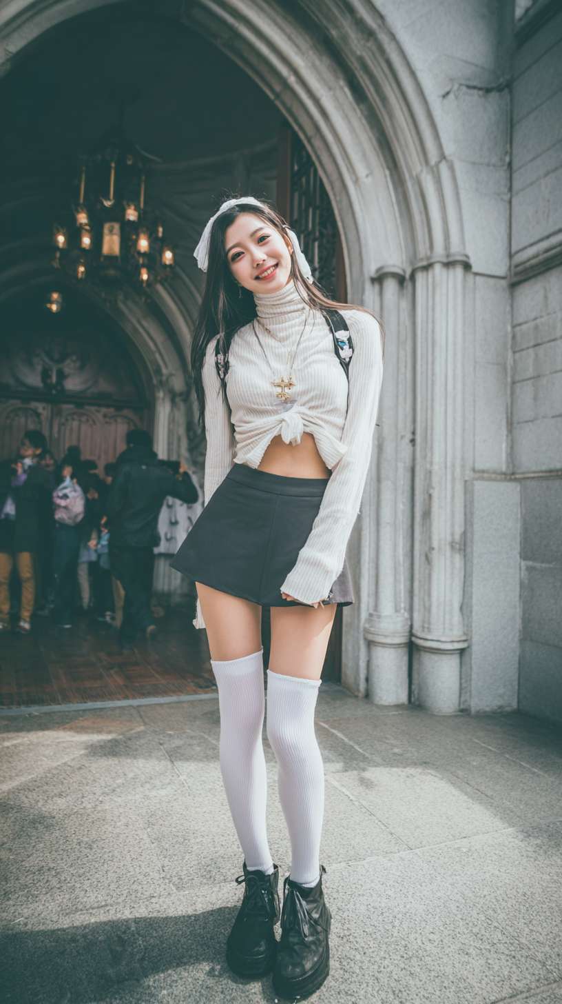 亚洲美少女，超短裙，高领，无袖，腹肌，短靴，白色过膝长袜，教堂门口大街，长发，微笑，酒窝，高清晰 --ar 9:16 --v 7 --stylize 100 --fast --no 水印,水印