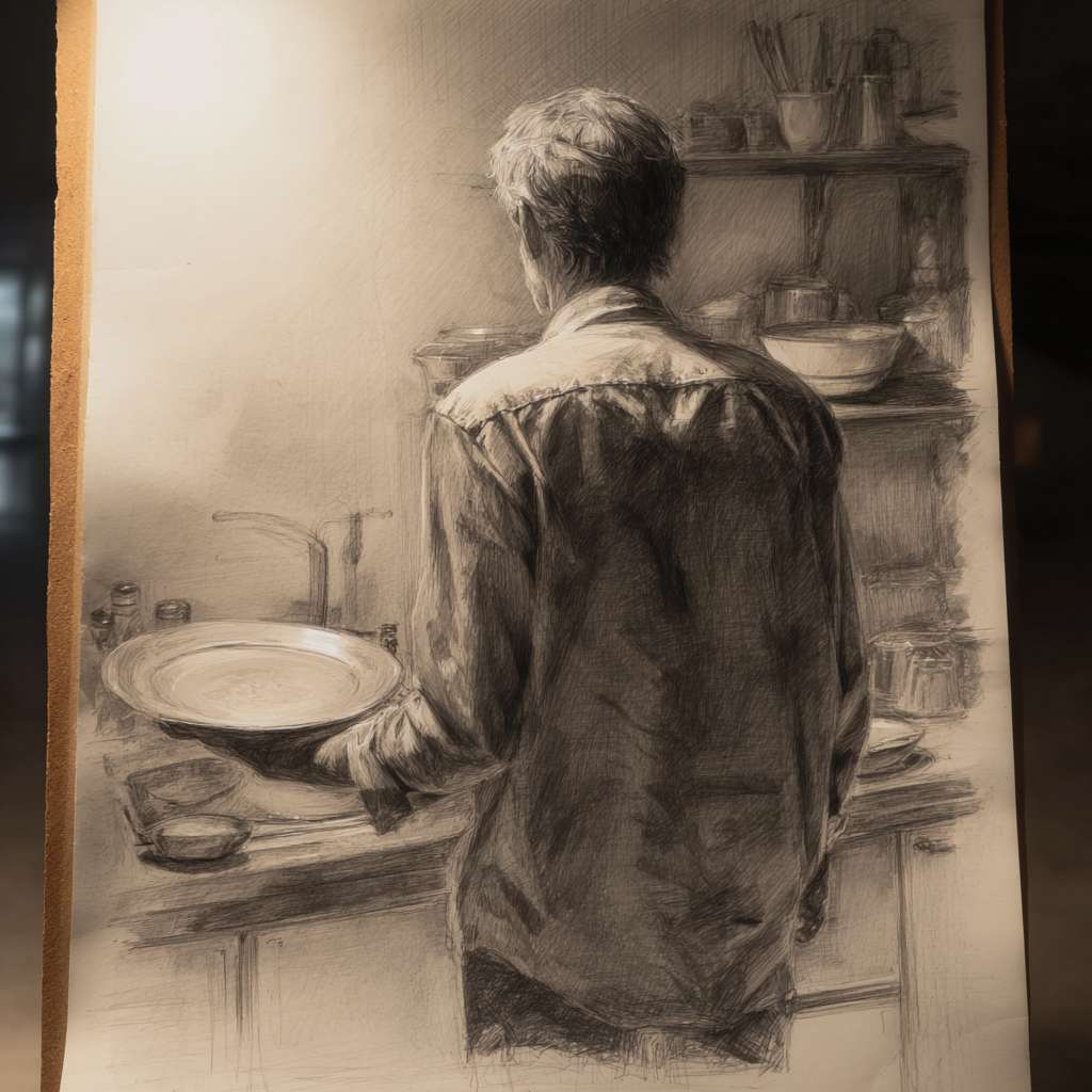 有个人在画面的右侧背对斜向左边45度角，双手拿着一个盘子，画面只显示背部和手部，厨房场景灯光从左上角照射到人 --ar 1:1 --v 7 --stylize 100 --fast --no 水印