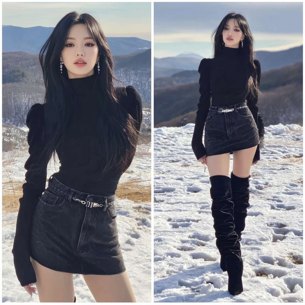 美少女，正面，长发，黑发，牛仔短裤，长腿，长靴，冬天，雪，雪地，雪山，光线 --ar 1:1 --v 7 --stylize 100 --fast --no 水印