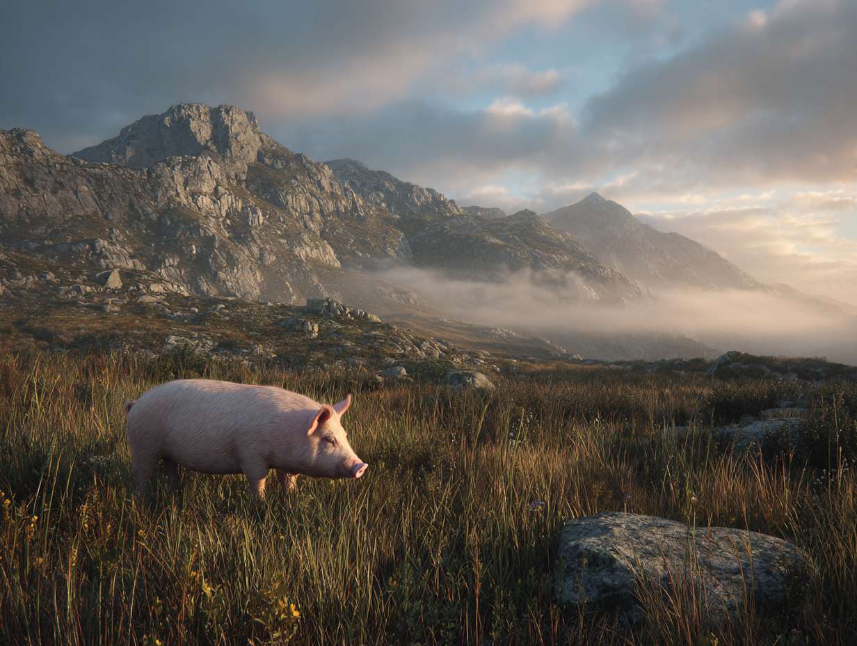 Photorealistic cinematic image，A pale pink pig on the grass next to the mountaintop, with a rocky mountain range behind it, and fog connecting the mountain range, full of warm colors and ultra high definition real materials， highly detailed photo. --ar 4:3 --v 7 --style raw --stylize 100 --fast