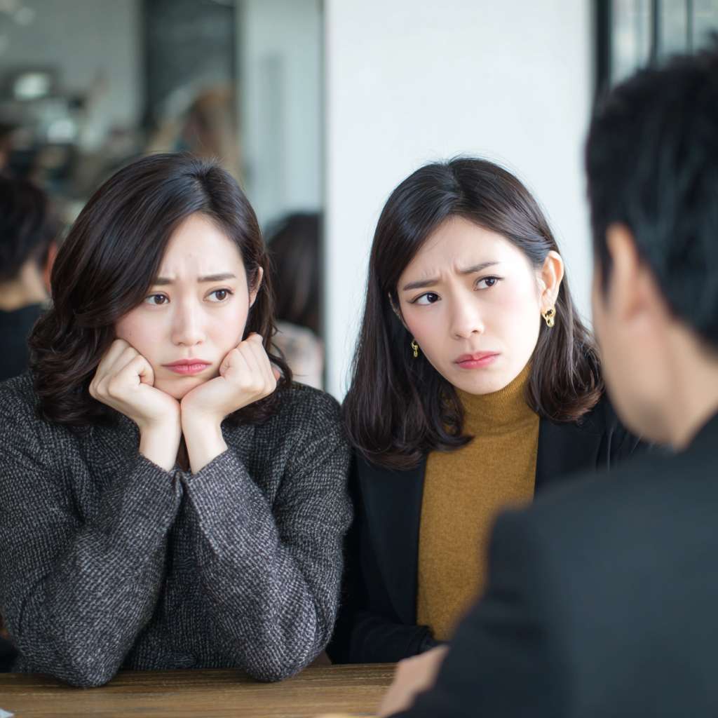 咖啡馆里三个时尚的女士并肩而坐，桌对面是一个男性保险代理人，右边的女孩眼神有些嫌弃，左边的女孩在批评她，中间的女孩看着男性保险代理人，表情有些抱歉。镜头从保险代理人右侧后方拍摄，能看到代理人的后背，和三个女生的正面 --ar 1:1 --v 7 --stylize 100 --fast --no 水印