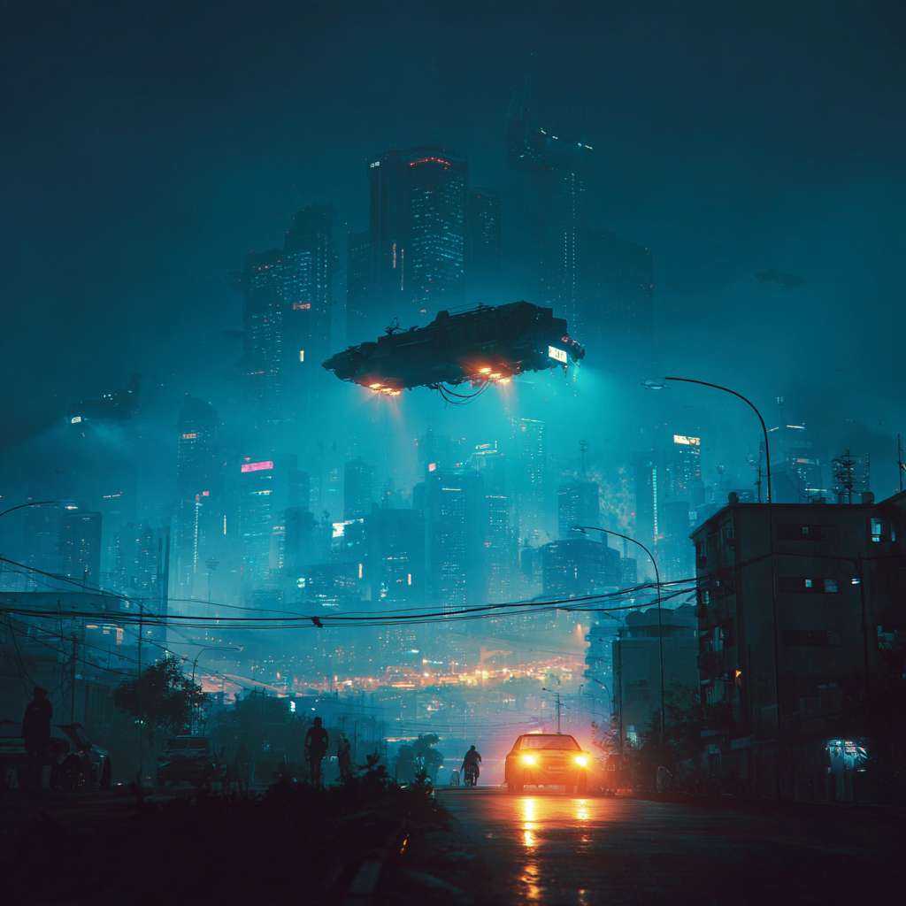 生成一张赛博朋克的城市夜景，空中有悬浮汽车，画面有立体感 --ar 1:1 --v 7 --stylize 100 --fast --no 水印