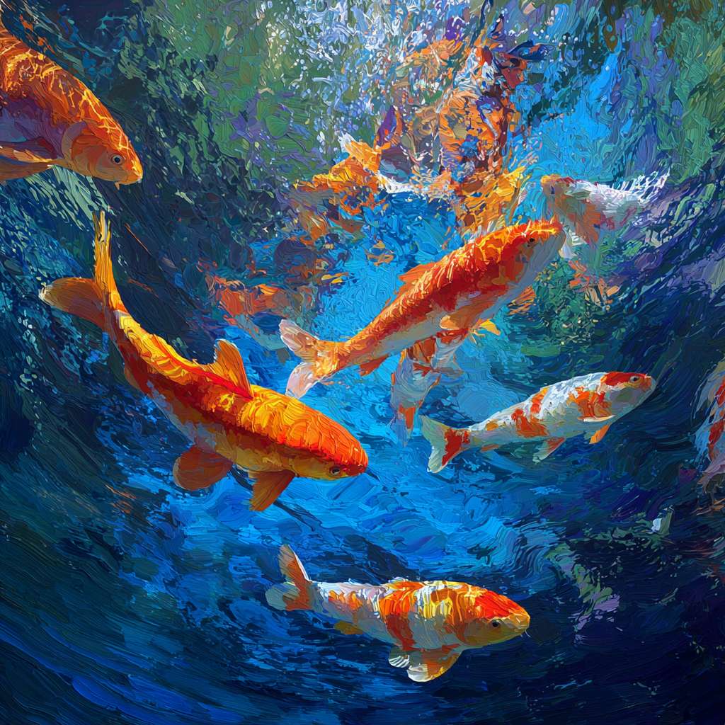 Vibrant underwater scene: blue water, 五彩光影，and dynamic koi, 粗笔触 for texture, 细笔触 for agility, abstract. --ar 1:1 --v 7 --stylize 100 --fast --no 水印
