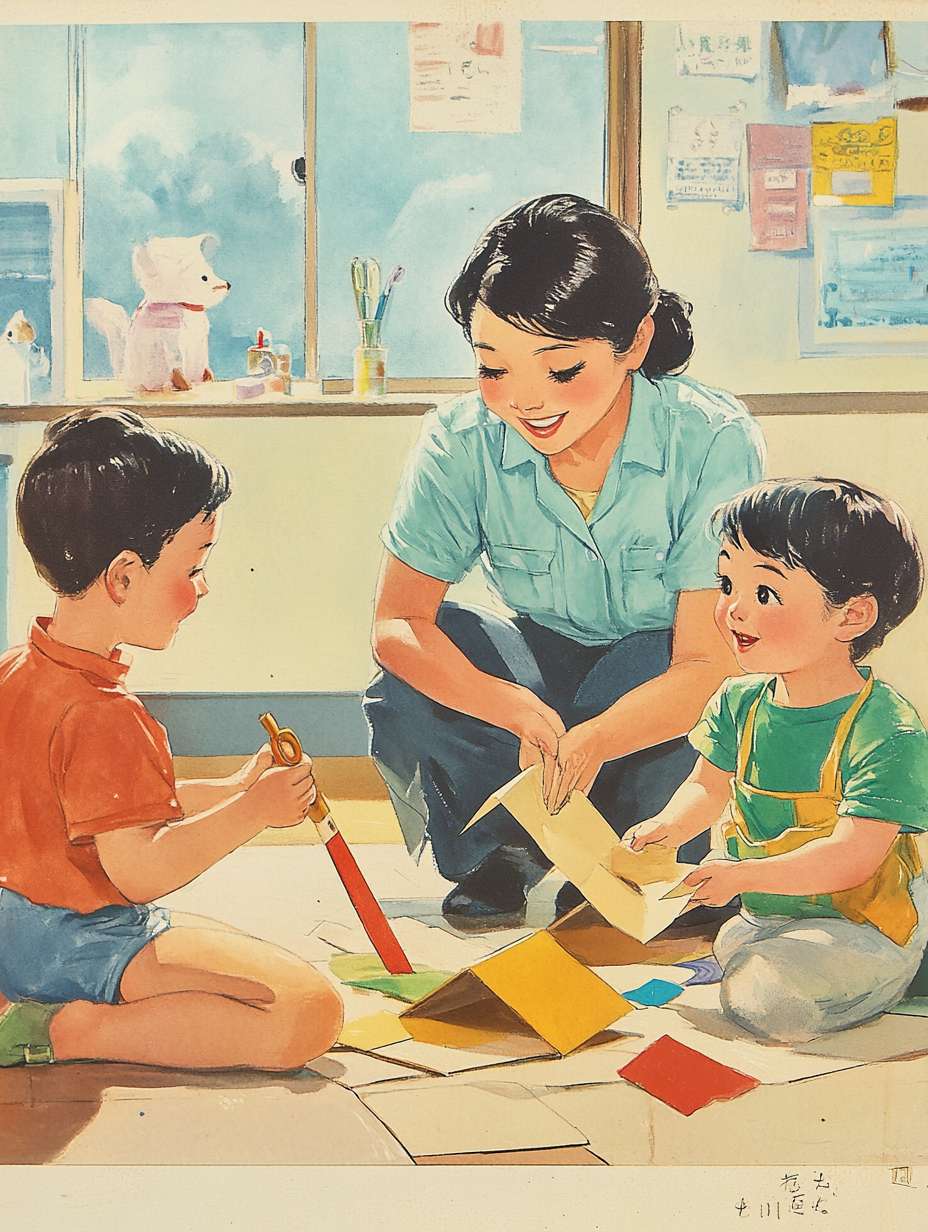 吉卜力风格幼儿教育插画：画面中央一位幼儿园老师半蹲着指导，左右两侧各有一名幼儿——左孩手持安全剪刀，右孩折叠立体卡纸。 --ar 3:4 --v 6.1 --stylize 100 --fast