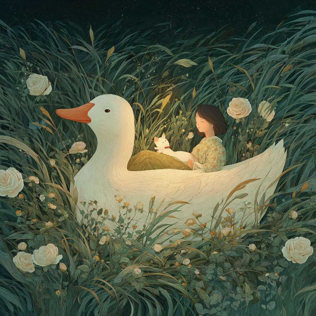 hsiao - ron cheng,in the style of rococo pastel colors,At night,in a vast green grassland, the wind blows through the grass and the grass is rolling like waves. A girl is lying on a very very huge duck. A super huge white cute duck, there is a warm lamp next to the girl and the cat, which illuminates the girl and the duck, mysterious imagination, beauty, in a wilderness grassland, the wind blows down the grass, there are blooming roses in the grass, the contrast between light and dark is strong, the mood is Happy and relaxing, exquisite details, macro lens， large panorama --ar 1:1 --v 7 --stylize 100 --fast
