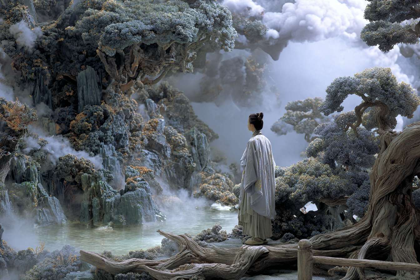 青年走進大自然虛幻數位世界，要好多好多數位森材元素，要樹、要瀑布、河流 --ar 3:2 --v 7 --stylize 100 --fast --no 水印