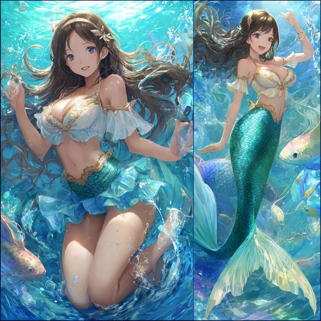 长发美少女，穿着脚蹼在大海中畅游，身边有大型的鱼类。 --ar 1:1 --v 7 --stylize 100 --fast --no 水印