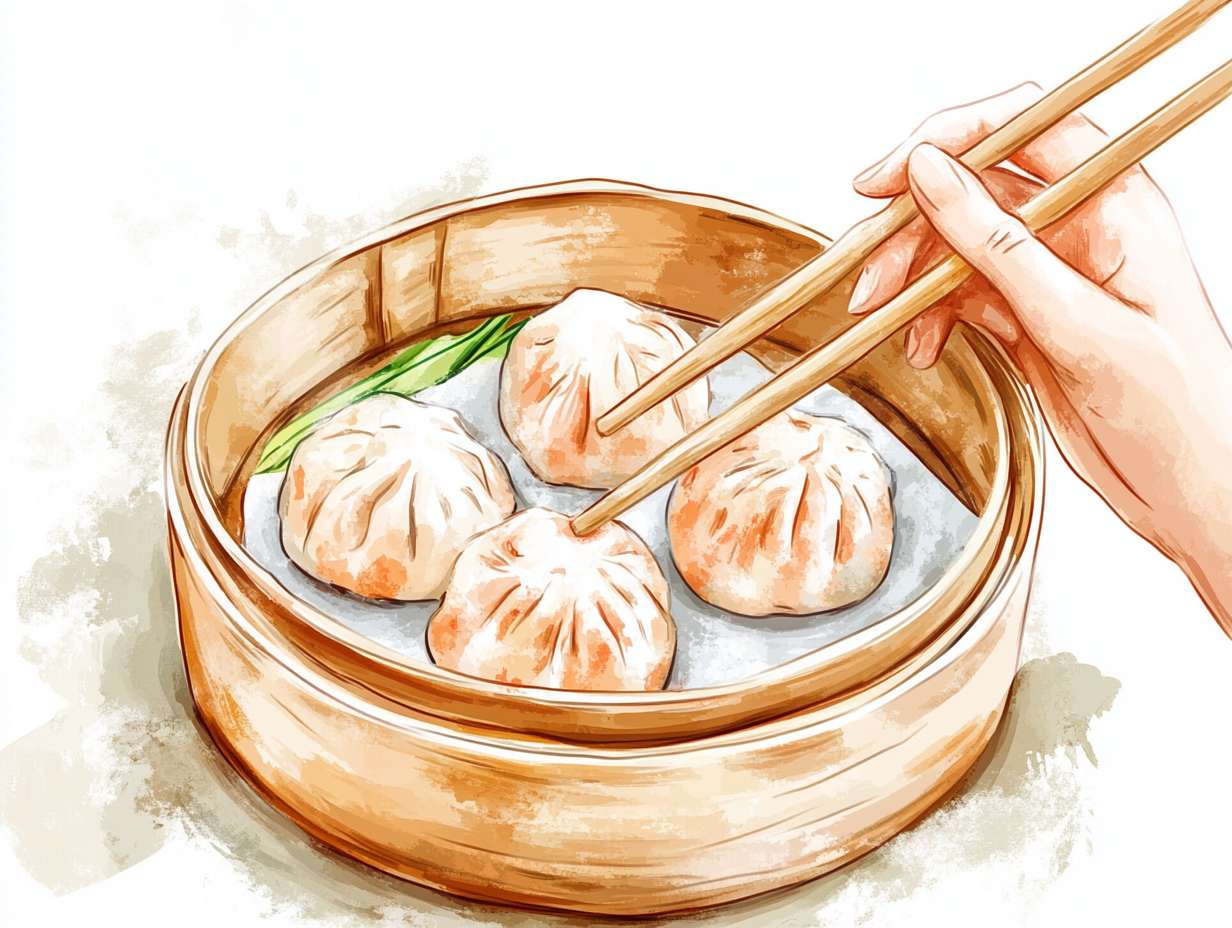 手绘虾饺一颗，用筷子夹着，明亮 --ar 4:3 --v 6.1 --stylize 100 --fast