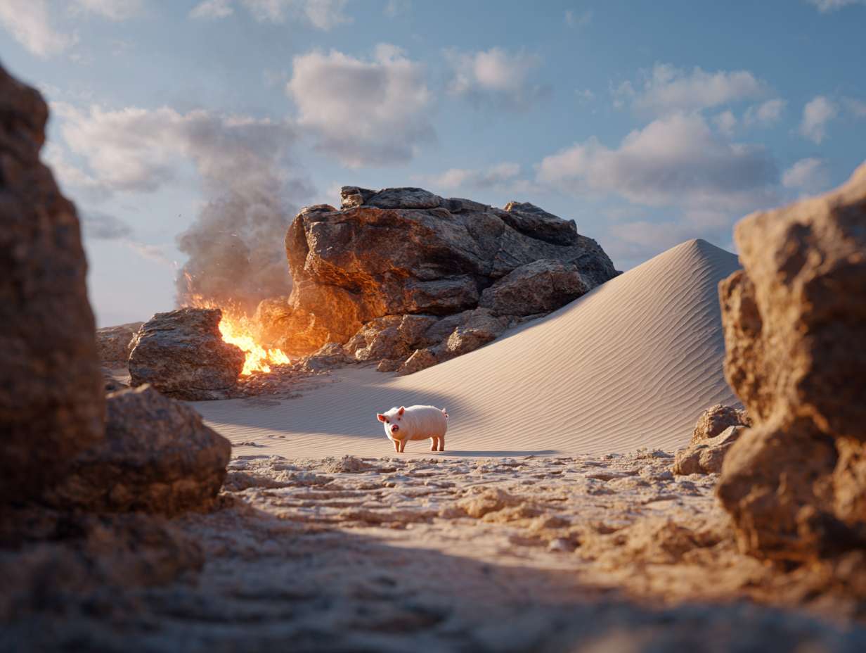 Photorealistic cinematic image，A pale pink pig in the middle of an extreme desert landscape with giant black rocks and orange pillows. There is fire on top of one rock, giving off warm light. The sky has a blue color. In front of it there's a large sand dune, film grain, hyper realistic photography, natural lighting, highly detailed photo. --ar 4:3 --v 7 --style raw --stylize 100 --fast