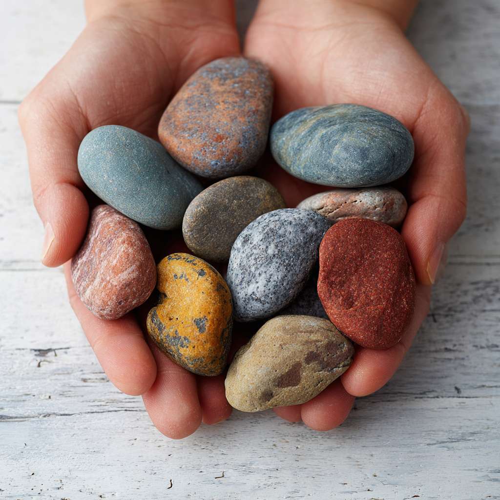 生成手绘风石头，要求是小石头，有颜色，没有背景，是很普通的石头，手绘简约风，俯视视角，风线条较粗 --ar 1:1 --v 7 --stylize 100 --fast --no 水印