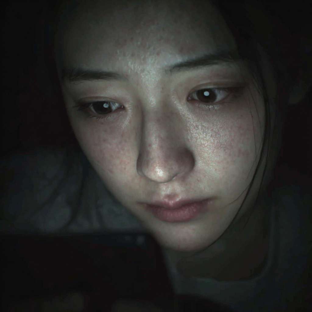cinematic vertical video, 19-year-old Chinese girl, tearful eyes, only phone screen light, dark bedroom, 9:16, ultra-realistic, soft skin texture, 24fps --ar 1:1 --v 7 --stylize 100 --fast