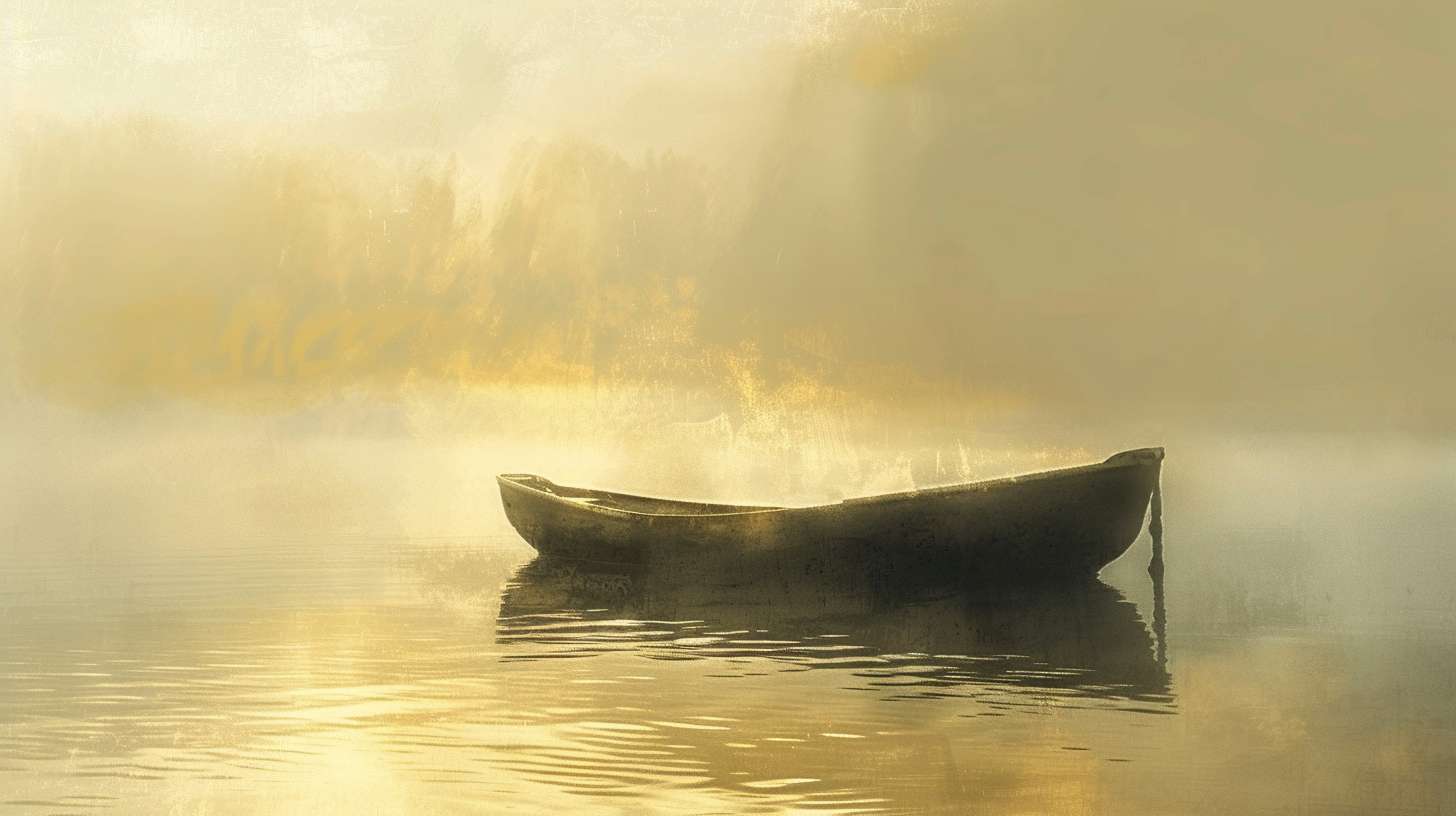 A solitary boat floating on a misty river at dawn, soft watercolor style, golden light reflecting on water ripples, minimalistic Zen aesthetic, empty boat symbolizing non-attachment, ethereal atmosphere, muted earth tones with subtle gold accents --ar 16:9 --v 6 --stylize 100 --fast