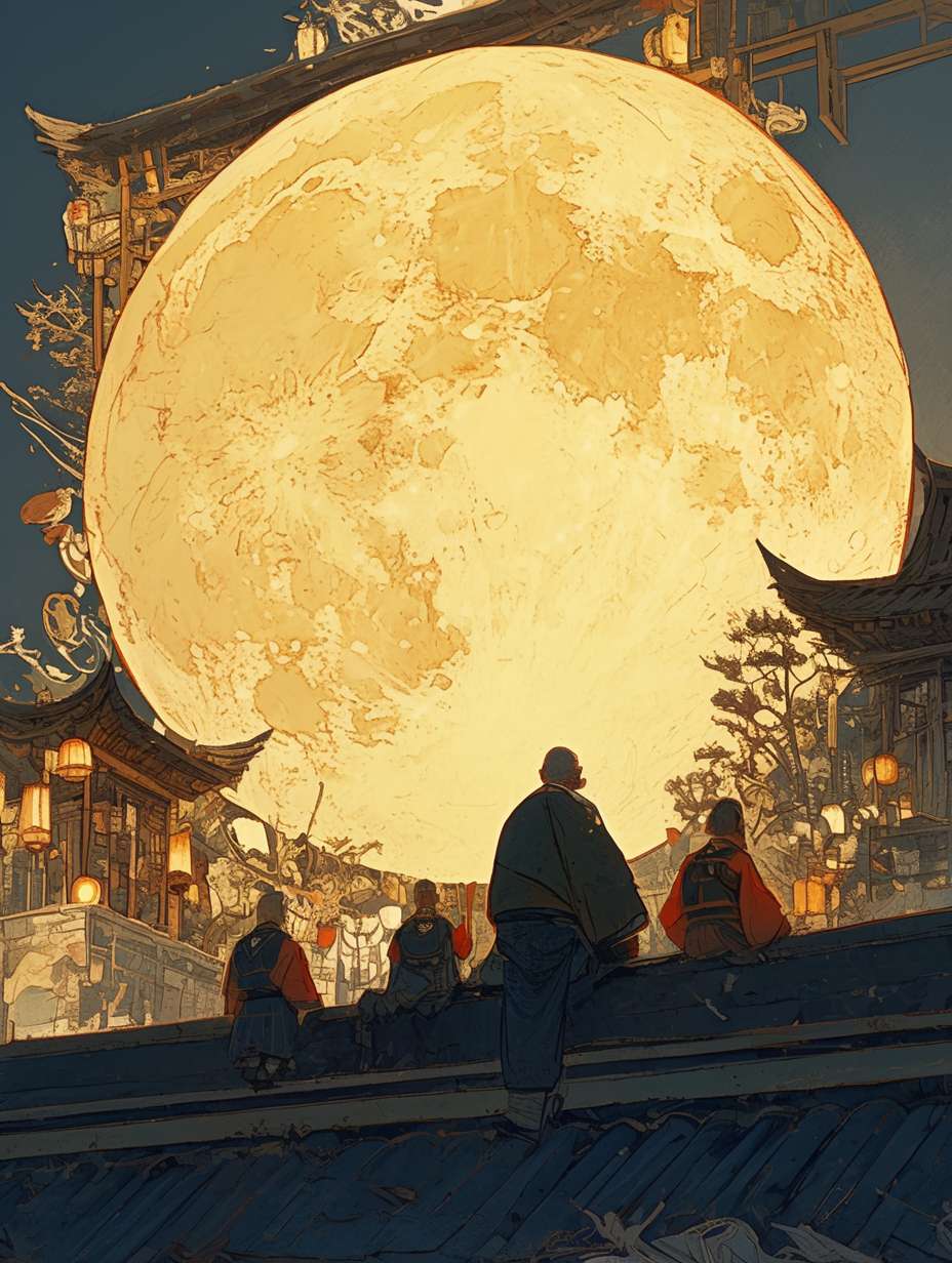 The background of the picture is a huge moon, and several children are playing with lanterns. The atmosphere is festive, and the moon is drawn with complex linear colored lines. The illustration is drawn with flat style colored lines, with red as the main color. It is an imaginative illustration, looking down from the sky,, 64K, --ar 3:4 --stylize 1000 --fast --niji 6